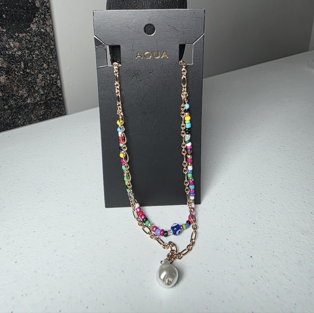 🚫⚠️SOLD🚫⚠️ Aqua Multicolor Beaded Necklace with Pearl Accent - Picture 1 of 3